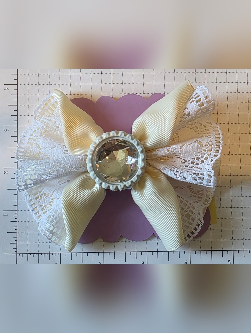 Ivory/Cream Lace Bow Hair Clip with Crystal Center